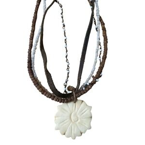 Boho Layered Necklace Carved Flower Pendant  Beads Artsy  Unique Gift